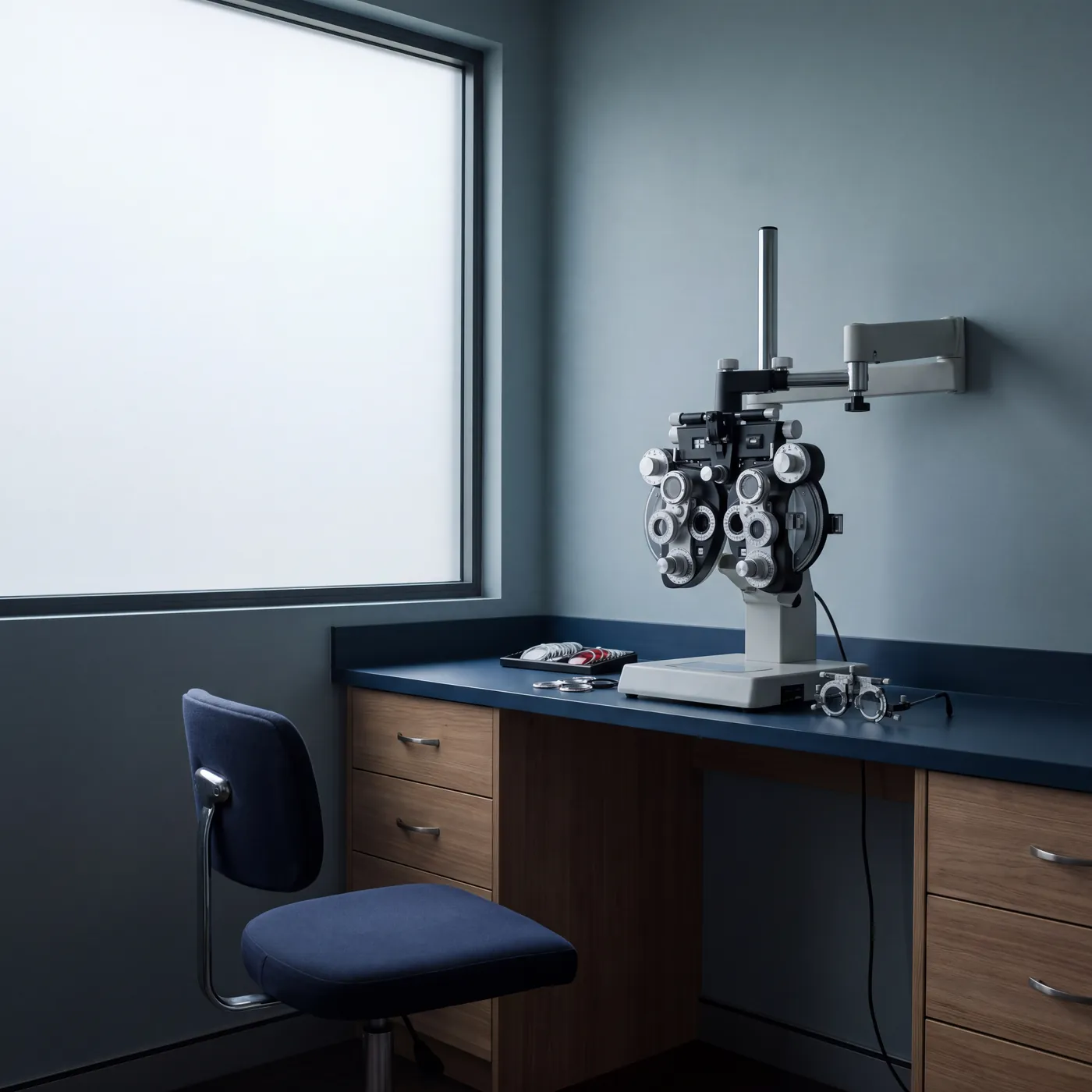 Optometry room with an eye testing instrument on the bench and a stool