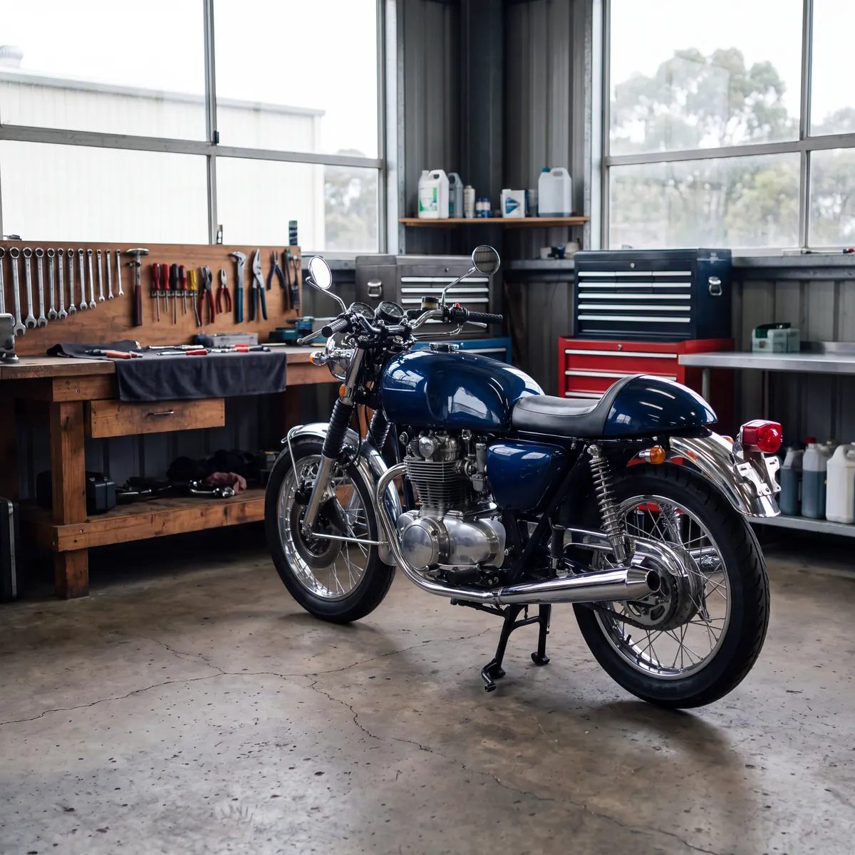 Classic motorbike on a workshop floor beside a timber bench of hand tools