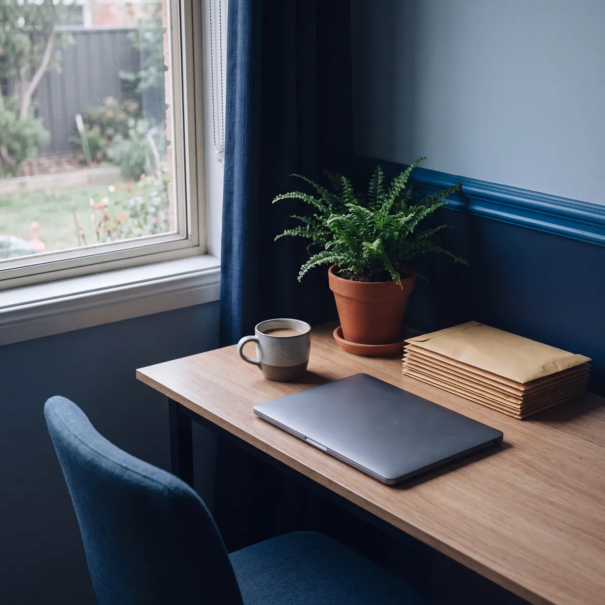 Desk by a window with a closed laptop, a coffee and a stack of unopened mail