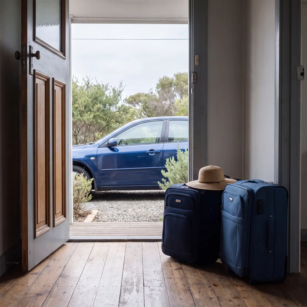 Open front door with two suitcases and a hat in the hallway and a car outside